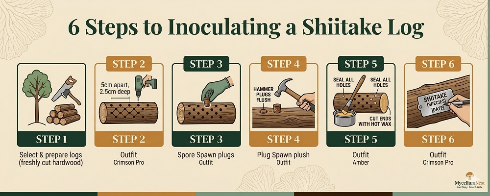 6 Steps to Inoculating a Shiitake Log'.Step 1: Select & prepare logs (freshly cut hardwood)Step 2: Drill holes in diamond pattern (5cm apart, 2.5cm deep)Step 3: Insert plug spawn into each holeStep 4: Hammer plugs flush with log surfaceStep 5: Seal all holes and cut ends with hot waxStep 6: Label log with species and dateGrow shiitake mushrooms on logs