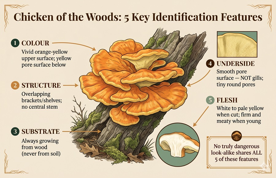 Chicken of the Woods: 5 Key Identification Features.An illustrated Laetiporus bracket with 5 numbered callout labels:1. COLOUR: Vivid orange-yellow upper surface; yellow pore surface below2. STRUCTURE: Overlapping brackets/shelves; no central stem3. SUBSTRATE: Always growing from wood (never from soil)4. UNDERSIDE: Smooth pore surface โ NOT gills; tiny round pores5. FLESH: White to pale yellow when cut; firm and meaty when young