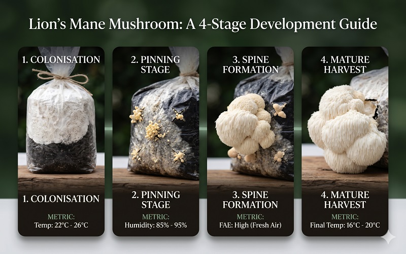 four panels showing lion's mane mushroomdevelopment stages from left to right: (1) white mycelium fully colonisinga dark substrate block, (2) tiny yellow-white pin bumps emerging from acut in the bag, (3) a 5cm developing lion's mane with visible spineformation, (4) a perfect mature harvest-ready lion's mane.