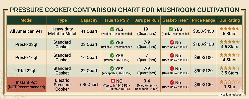 Pressure Cooker Comparison Chart for Mushroom Cultivation. best pressure cooker for mushroom cultivation