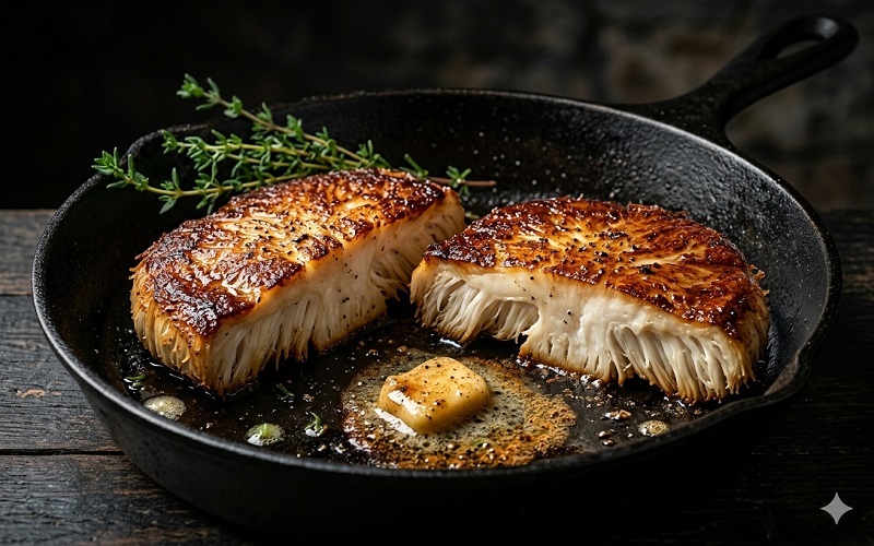 Two perfectly seared lion's mane mushroom 'steaks' โ thick cross-section. Lion's mane mushroom recipes