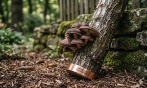 photograph showing a beautiful cluster of shiitake mushrooms emerging from a log, with copper tape visible around the log base.