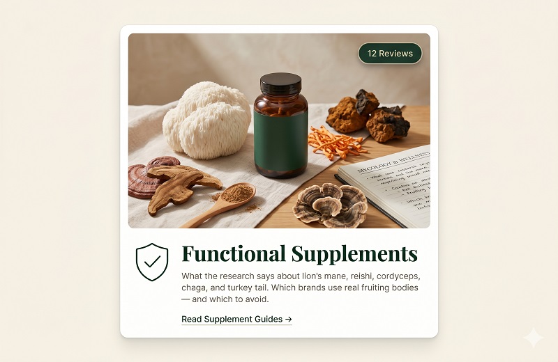 Lion's mane mushroom beside supplement bottle