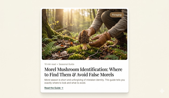 Forager picking morel mushroom in spring forest