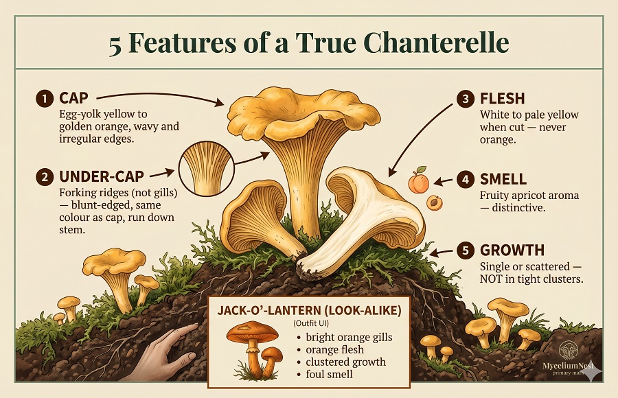 Chanterelle Identification Guide infographic.Title: '5 Features of a True Chanterelle'.Illustrated chanterelle mushroom with 5 callout labels:1. CAP: Egg-yolk yellow to golden orange, wavy and irregular edges2. UNDER-CAP: Forking ridges (not gills) — blunt-edged, same colour as cap, run down stem3. FLESH: White to pale yellow when cut — never orange4. SMELL: Fruity apricot aroma — distinctive5. GROWTH: Single or scattered — NOT in tight clustersContrast box: Jack-o'-Lantern: bright orange gills, orange flesh, clustered growth, foul smell.Chanterelle mushroom identification