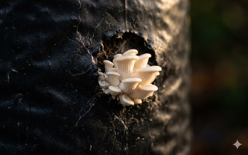 Macro close-up of oyster mushroom pins emerging from a small hole cut in a black growing bag
