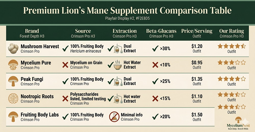 Premium comparison table infographic for 5 lion's mane supplements.Headers: Brand | Source | Extraction | Beta-Glucans | Price/Serving | Our RatingData matches the 7 reviews above (top 5 shown).Green checkmarks for passing criteria, red X for failing.Forest green header, cream rows, amber accents