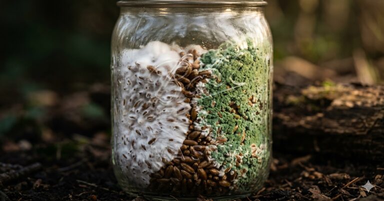 editorial close-up photograph of a contaminated mushroom
