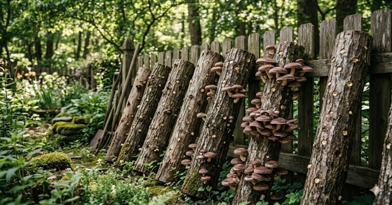 editorial photograph of a row of inoculated shiitake mushroom