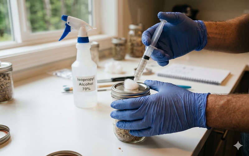 Close-up photograph of gloved hands injecting a syringe through a polyfill-plugged hole in a mason jar lid. The workspace is clean with isopropyl alcohol spray bottle visible. The jar contains BRF substrate