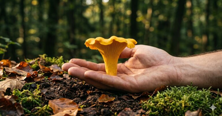 Editorial photograph of a perfect golden chanterelle mushroom (Cantharellus cibarius) resting in a forager's palm, surrounded by rich forest soil and green moss. The mushroom's egg-yolk yellow cap and forked ridges (false gills) are clearly visible. Warm autumn light, forest background out of focus.