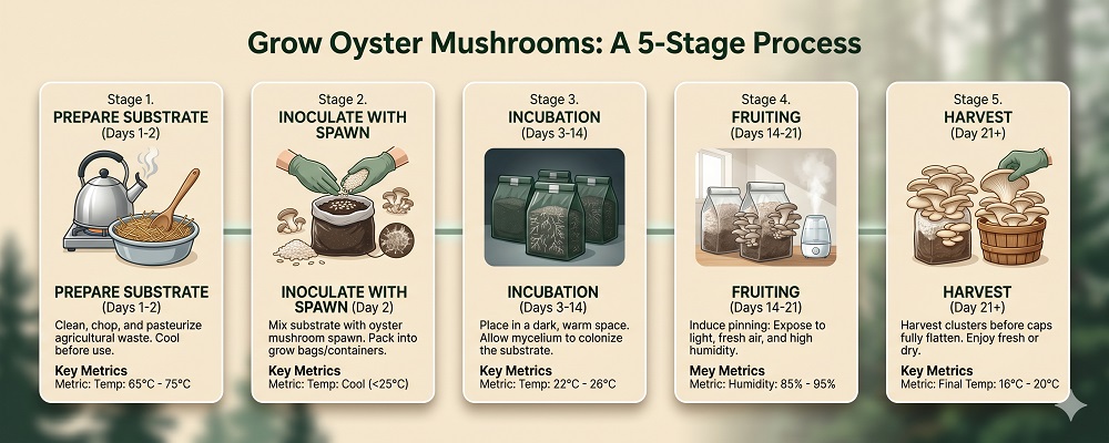 A clean horizontal 5-stage process infographic for growing oystermushrooms. Stages: 1. Prepare Substrate (days 1-2), 2. Inoculate withSpawn (day 2), 3. Incubation (days 3-14), 4. Fruiting (days 14-21),5. Harvest (day 21+). Each stage has a simple icon, brief description,and key temperature/humidity metric