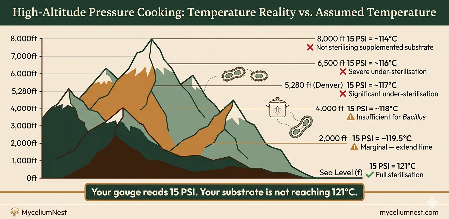 High-Altitude Pressure Cooking: Temperature Reality vs. Assumed Temperature" A mountain cross-section diagram with altitude markers on the left (0ft to 8,000ft)