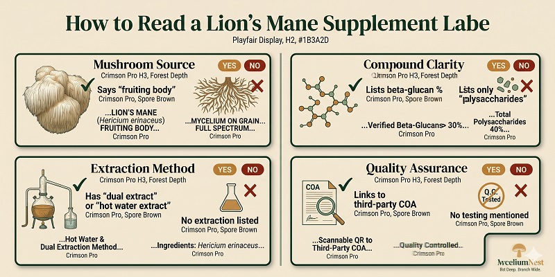 A label reading guide infographic: 'How to Read a Lion's Mane Supplement Label'.4 things to look for with YES/NO examples:1. Says 'fruiting body' — YES vs. says 'mycelium' or 'full spectrum' — NO2. Lists beta-glucan % — YES vs. lists only 'polysaccharides' — NO3. Has 'dual extract' or 'hot water extract' — YES vs. no extraction listed — NO4. Links to third-party COA — YES vs. no testing mentioned — NOClean, clear design, Best lion's mane supplement