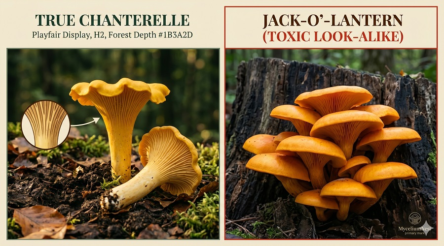 Chanterelle vs jack-o-lantern mushroom comparison: left shows golden chanterelle with forked ridges (false gills) that are blunt and same colour as cap, growing singly in forest soil; right shows poisonous jack-o-lantern (Omphalotus illudens) with bright orange true gills growing in dense cluster at tree base "chanterelle vs jack o lantern""chanterelle gills or ridges""how to identify chanterelle mushroom"