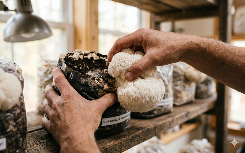 photograph of two hands harvesting a perfect white lion's manemushroom from a grow bag. The mushroom is being gently twisted at the base.The fruiting body is compact and globular with dense white spines — perfectharvest timing, before any browning. Natural warm light