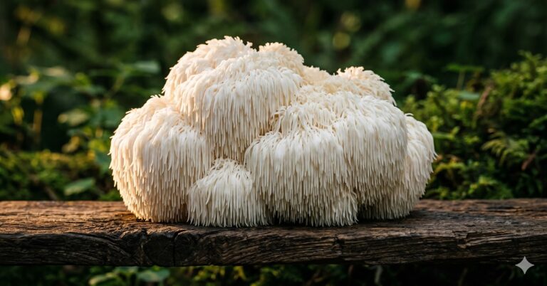 photograph of a spectacular, perfect lion's mane mushroom (Hericium erinaceus) in full bloom on a rustic dark hardwood shelf. The dense white cascading spines are luminous and catch soft warm sidelight beautifully. Background is deep forest green out of focus. The mushroom looks otherworldly — like a white coral reef creature. how to grow lion's mane mushrooms