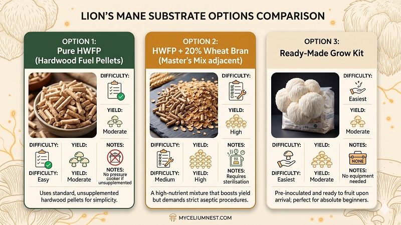 A clean infographic comparing 3 lion's mane substrate options:Option 1: Pure HWFP (Hardwood Fuel Pellets) - difficulty: easy, yield: moderate, notes: no pressure cooker if unsupplementedOption 2: HWFP + 20% Wheat Bran (Master's Mix adjacent) - difficulty: medium, yield: high, notes: requires sterilisationOption 3: Ready-Made Grow Kit - difficulty: easiest, yield: moderate, notes: no equipment needed