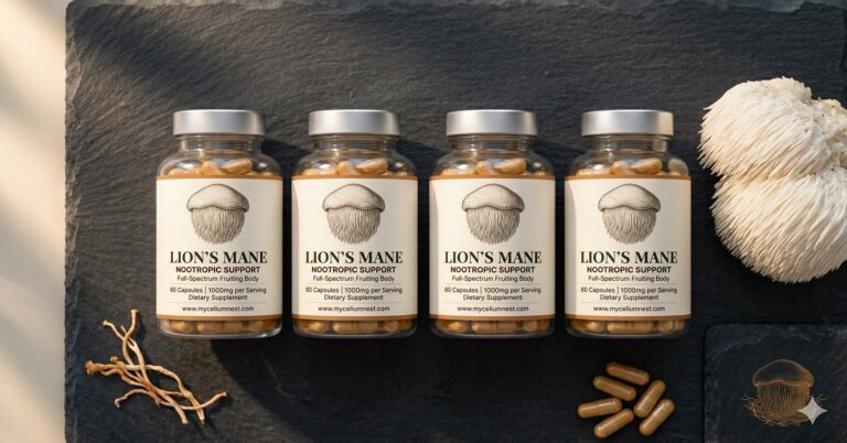 Clean flat-lay product photography of 4 lion's mane supplement bottles (no real brand names visible) on a slate surface beside a fresh white lion's mane mushroom. Warm natural side lighting