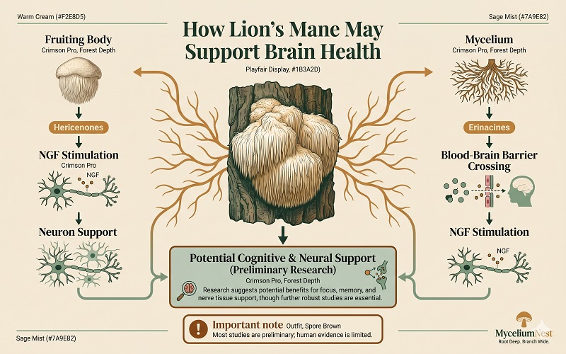 A clean scientific infographic titled 'How Lion's Mane May Support Brain Health'.Shows Hericium erinaceus mushroom in center.Left branch: Fruiting Body → Hericenones → NGF Stimulation → Neuron SupportRight branch: Mycelium → Erinacines → Blood-Brain Barrier Crossing → NGF StimulationBottom: Both pathways lead to 'Potential Cognitive & Neural Support (Preliminary Research). Does lion's mane mushroom really work
