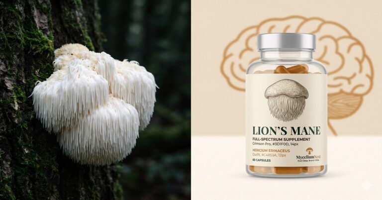 Split editorial photograph: left half shows a perfect white lion's mane mushroom (Hericium erinaceus) with cascading spines against a dark forest background; right half shows a clean glass supplement bottle labeled with the lion's mane illustration. A human brain graphic subtly visible in background right panel. Scientific + natural feel