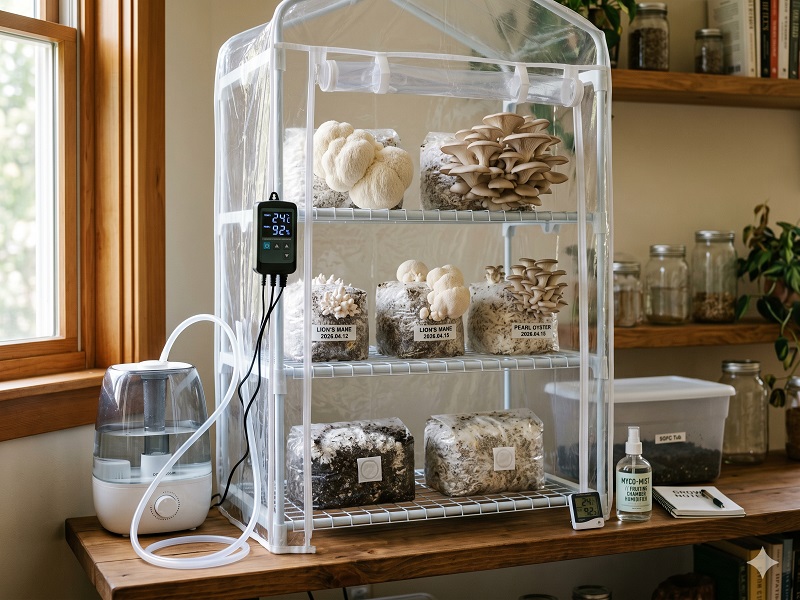 A well-equipped Martha Tent mushroom growing setup: a clear wire-shelfgreenhouse tent (roughly 4 shelves) containing 6-8 colonised substrateblocks at various stages. An ultrasonic humidifier sits beside the tentwith tubing leading inside. A digital controller is mounted on the front.Clean, organized, professional home cultivation setup.