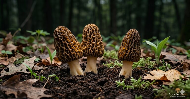 A breathtaking editorial photograph of 3 perfect morel mushrooms (Morchella species) standing upright in rich dark forest soil, surrounded by dead leaves and emerging spring vegetation. The honeycomb-textured caps are in sharp focus, luminous in soft spring morning light. Atmospheric, magazine-quality foraging photography