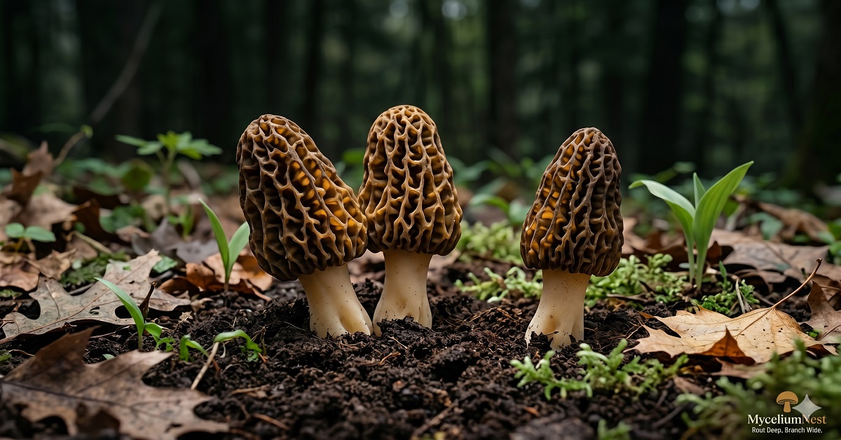 A breathtaking editorial photograph of 3 perfect morel mushrooms (Morchella species) standing upright in rich dark forest soil, surrounded by dead leaves and emerging spring vegetation. The honeycomb-textured caps are in sharp focus, luminous in soft spring morning light. Atmospheric, magazine-quality foraging photography