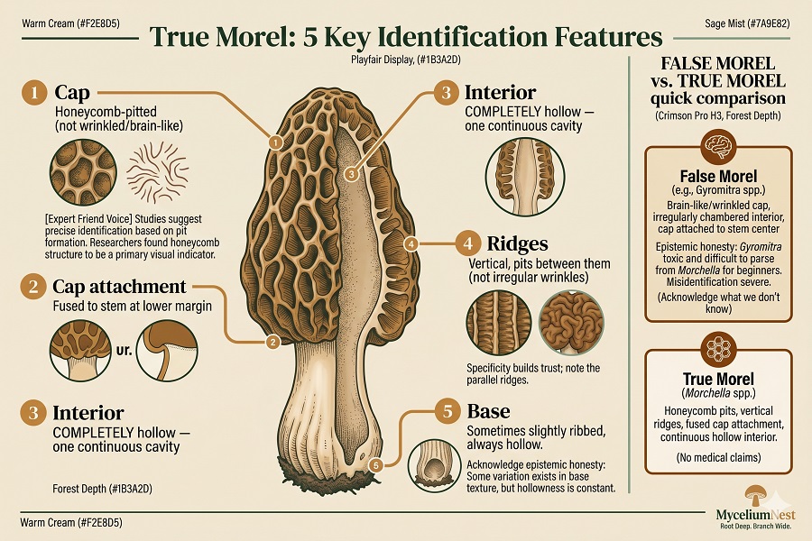 A detailed identification infographic for morel mushrooms.Title: 'True Morel: 5 Key Identification Features'.5 numbered visual callouts on an illustrated morel:1. Cap: honeycomb-pitted (not wrinkled/brain-like)2. Cap attachment: fused to stem at lower margin3. Interior: COMPLETELY hollow — one continuous cavity4. Ridges: vertical, pits between them (not irregular wrinkles)5. Base: sometimes slightly ribbed, always hollowSidebar: FALSE MOREL vs. TRUE MOREL quick comparison.. Morel mushroom identification