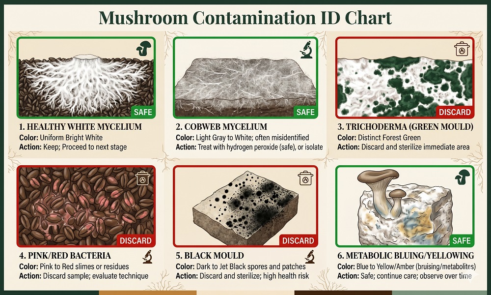 mushroom contamination id chart 6 panels in a 3×2 grid, each showing:1. Healthy white mycelium (green border — SAFE)2. Cobweb mycelium (green border — SAFE, often misidentified)3. Trichoderma (green mould) (red border — DISCARD)4. Pink/red bacteria (red border — DISCARD)5. Black mould (red border — DISCARD)6. Metabolic bluing/yellowing (green border — SAFE)Each panel has the colour description and the action require