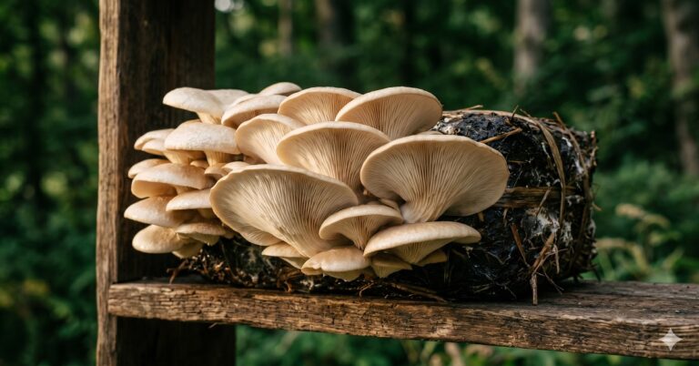 A stunning close-up photograph of a large, lush cluster of pearl oyster mushrooms (Pleurotus ostreatus) bursting from a dark straw substrate block on a rustic wooden shelf. The gills beneath the cream-coloured caps are perfectly illuminated by soft sidelight. Background is deep forest green, out of focus