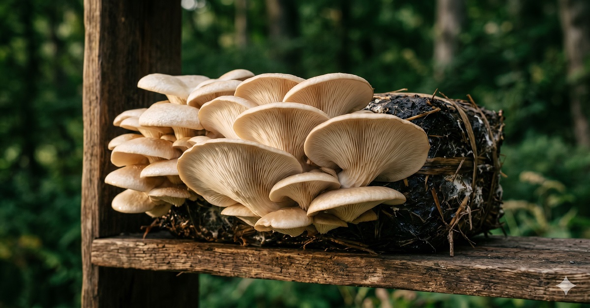 A stunning close-up photograph of a large, lush cluster of pearl oyster mushrooms (Pleurotus ostreatus) bursting from a dark straw substrate block on a rustic wooden shelf. The gills beneath the cream-coloured caps are perfectly illuminated by soft sidelight. Background is deep forest green, out of focus