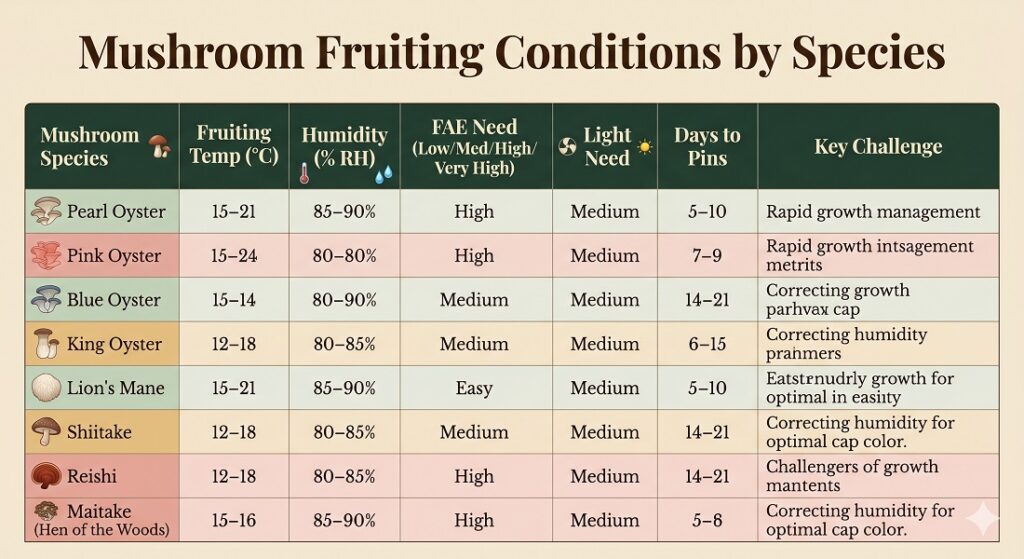 Mushroom Fruiting Conditions by Species'. Rows: Pearl Oyster, Pink Oyster, Blue Oyster,King Oyster, Lion's Mane, Shiitake, Reishi, Maitake (Hen of the Woods).Columns: Fruiting Temp (°C), Humidity (% RH), FAE Need (Low/Med/High/Very High), Light Need, Days to Pins, Key Challenge. mushroom fruiting conditions