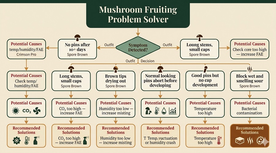 Symptoms and causes laid out as a decision tree:'No pins after 10+ days' → Check temp/humidity/FAE'Long stems, small caps' → CO₂ too high — increase FAE'Brown tips drying out' → Humidity too low — increase misting'Normal looking pins abort before developing' → Temperature fluctuation or humidity crash'Good pins but no cap development' → Temperature too high 'Block wet and smelling sour' → Bacterial contamination