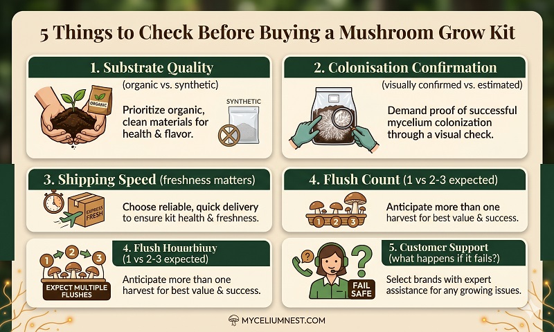 A clean infographic showing '5 Things to Check Before Buying a MushroomGrow Kit'. Five criteria with icons:1. Substrate Quality (organic vs. synthetic)2. Colonisation Confirmation (visually confirmed vs. estimated)3. Shipping Speed (freshness matters)4. Flush Count (1 vs 2-3 expected)5. Customer Support (what happens if it fails?). Best mushroom growing kits