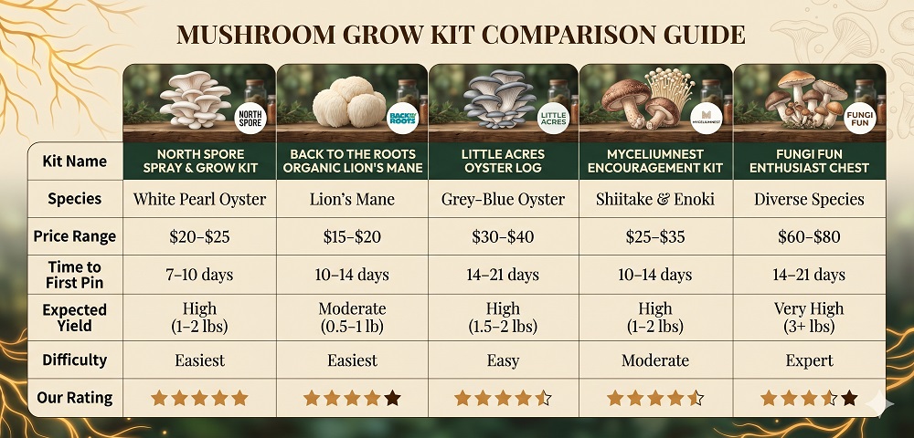 A professional product comparison infographic for 5 mushroom grow kits.Rows: Kit Name | Species | Price Range | Time to First Pin | Expected Yield | Difficulty | Our RatingData matches the 5 reviews above.Clean table/grid design