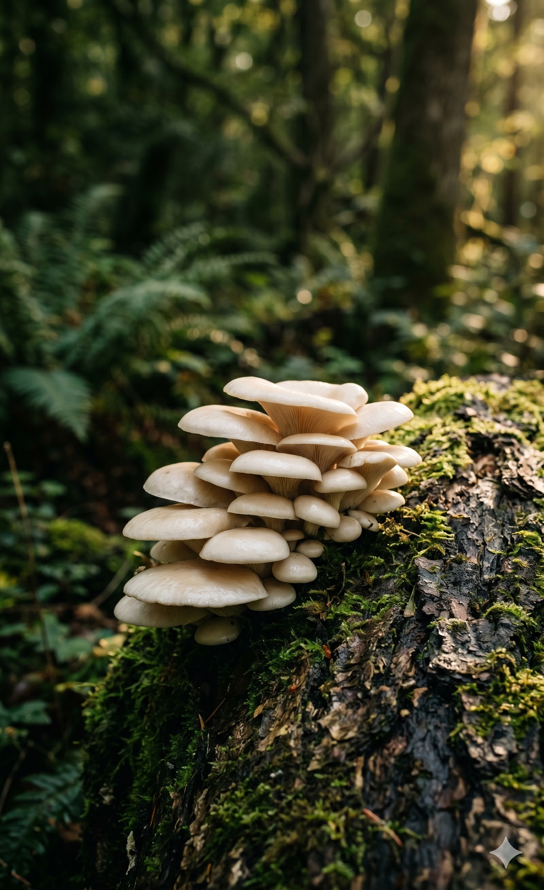 Oyster mushroom cluster in golden morning forest light