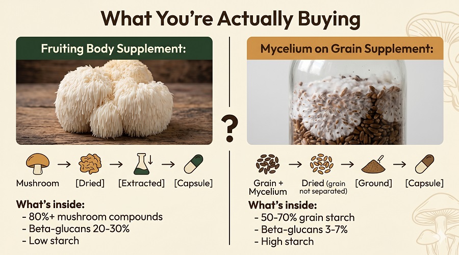 A clear two-column visual comparison.LEFT COLUMN - Fruiting Body Supplement:Visual: A photograph of lion's mane mushroomProcess: Mushroom → Dried → Extracted → CapsuleWhat's inside: 80%+ mushroom compounds, Beta-glucans 20-30%, Low starchRIGHT COLUMN - Mycelium on Grain Supplement:Visual: A jar showing mycelium growing on grain substrate (rye berries)Process: Grain + Mycelium → Dried (grain not separated) → Ground → CapsuleWhat's inside: 50-70% grain starch, Beta-glucans 3-7%, High starch. fruiting body vs mycelium on grain