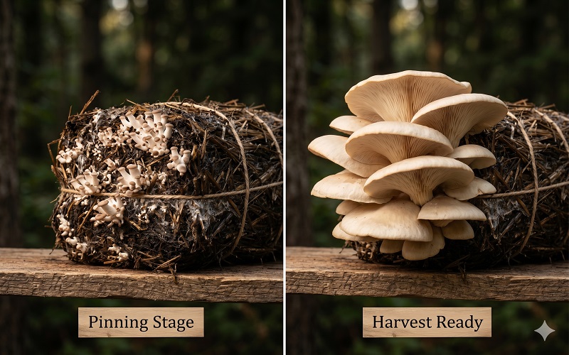 Side-by-side comparison of oyster mushroom clusters at different stages:left panel shows emerging white pins on dark straw substrate; right panelshows fully developed fan-shaped cream caps ready to harvest. Both shotswarm natural light on rustic wood. How to grow oyster mushrooms at home