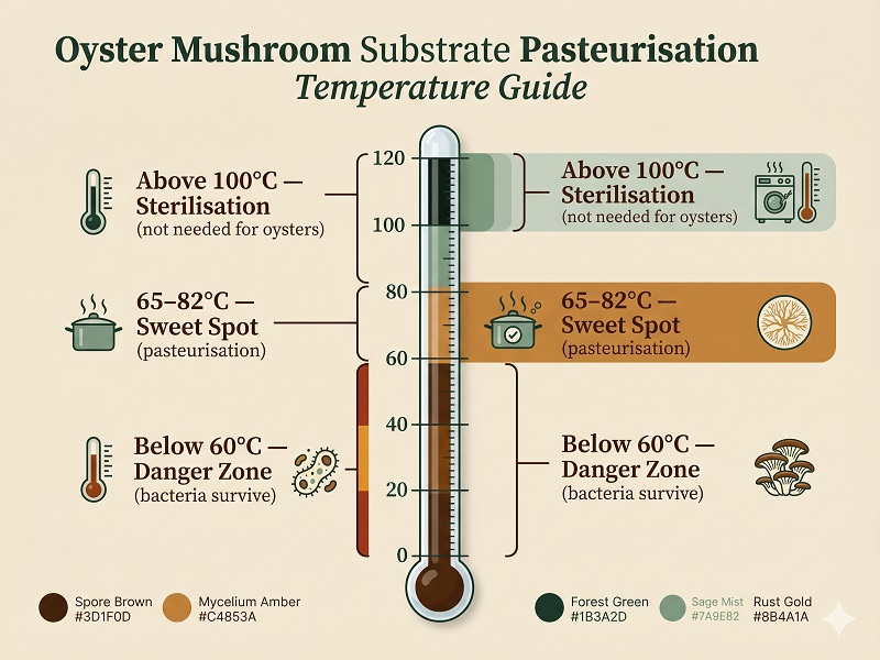 professional infographic titled 'Oyster Mushroom SubstratePasteurisation Temperature Guide'. Shows a vertical temperature scalefrom 0°C to 120°C. Zones clearly labelled: 'Below 60°C — Danger Zone(bacteria survive)', '65–82°C — Sweet Spot (pasteurisation)', 'Above 100°C —Sterilisation (not needed for oysters)