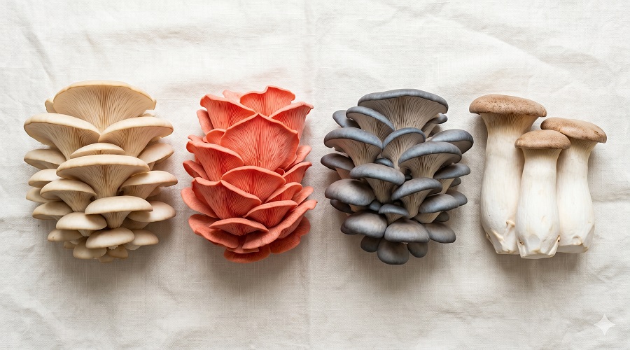 A beautiful flat-lay photograph of four oyster mushroom varieties side by side on a cream linen surface: pearl oyster (white/cream), pink oyster (vivid pink), blue oyster (grey-blue), and king oyster (thick white stems)