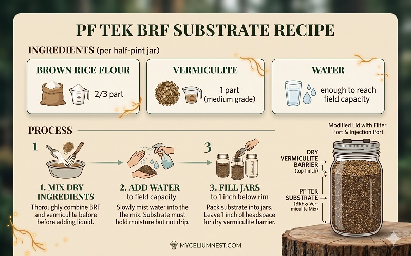 A clean recipe card infographic for PF Tek BRF substrate.Shows 3 ingredients with quantities per half-pint jar:- Brown Rice Flour: 2/3 part- Vermiculite: 1 part (medium grade)- Water: enough to reach field capacityProcess shown as 3 steps with simple icons:1. Mix dry ingredients, 2. Add water to field capacity, 3. Fill jars to 1 inch below rim.Key visual: a cross-section diagram of a filled jar showing layers. PF tek method