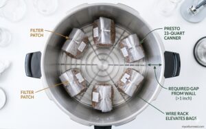 photograph inside a large Presto 23-quart pressure canner showing correctly loaded mushroom grow bags