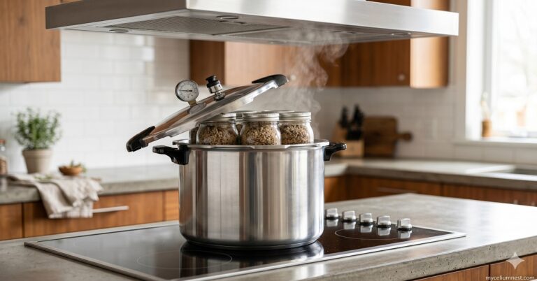 editorial photograph of a large stainless steel pressure canner (Presto or similar) on a kitchen stovetop suitable for cooking mushrooms