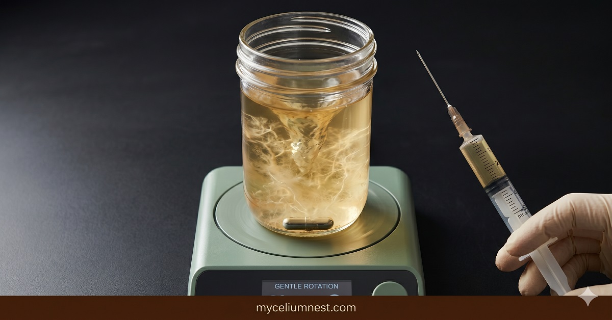 photograph of mason jar filled with mushroom liquid culture