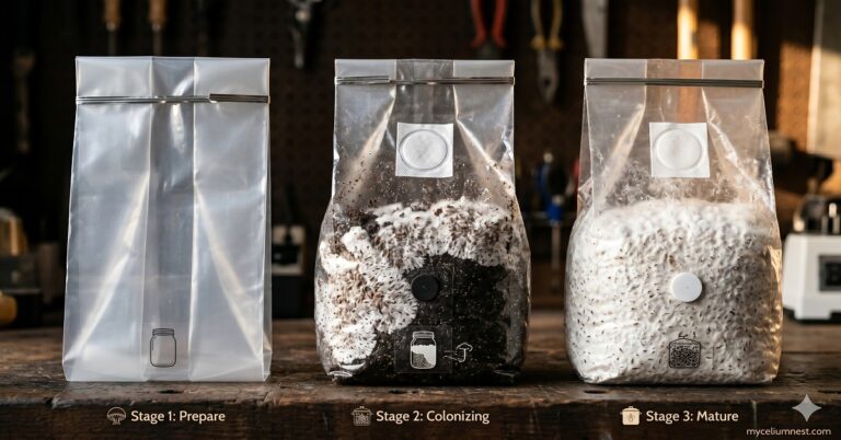 photograph of three polypropylene mushroom growing bags