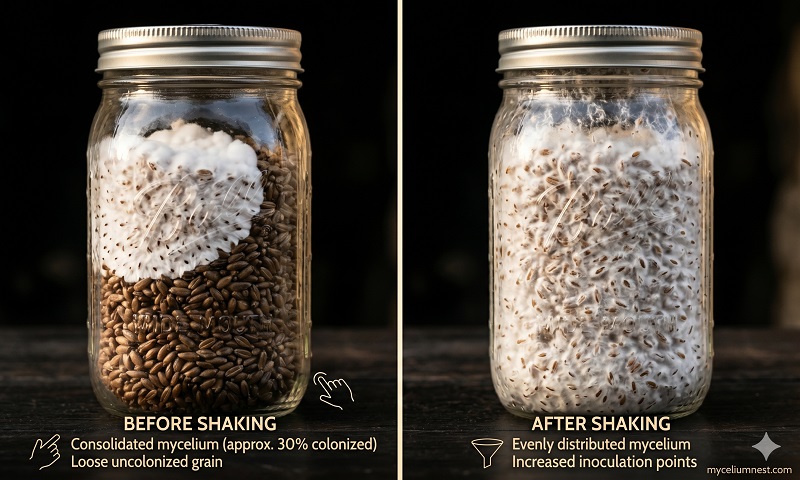 photograph of two mushroom grain spawn jars side by side. LEFT: The jar before shaking — dense white mycelium consolidated in one section of the jar, brown grain visible in lower two-thirds.RIGHT: The same jar after shaking — white mycelium broken and distributed. how to make grain spawn