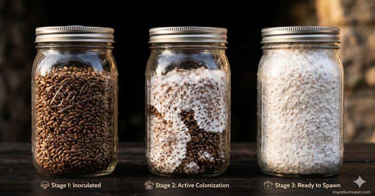 photograph showing three wide-mouth mason jars filled with different grain spawns at different colonisation stages