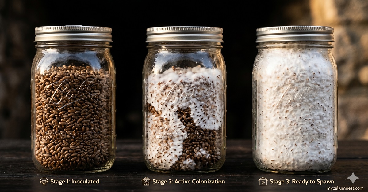 photograph showing three wide-mouth mason jars filled with different grain spawns at different colonisation stages