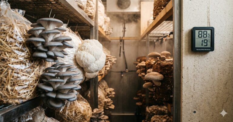 An atmospheric editorial photograph inside a professional mushroom fruiting chamber. Multiple species visible: pearl oyster clusters emerging from straw bags, a white lion's mane pom-pom, and shiitake caps on hardwood blocks.